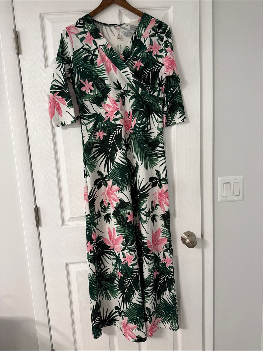 Tropical Wrap Maxi Dress in White with Pink & Green
